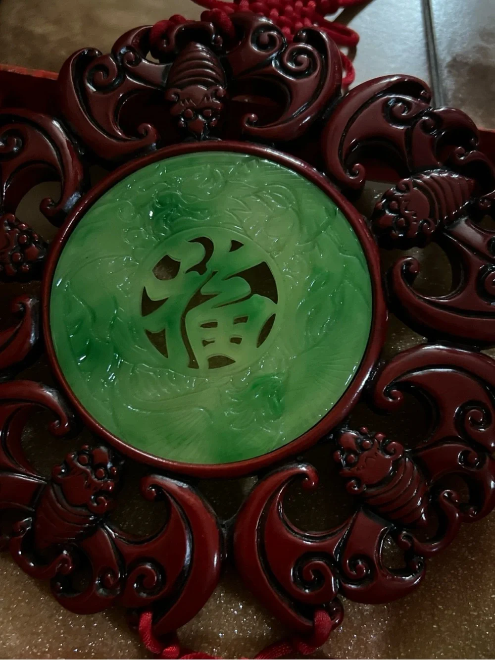 CHINESE JADE RESIN & WOOD GOOD LUCK WALL HANGING  VINTAGE